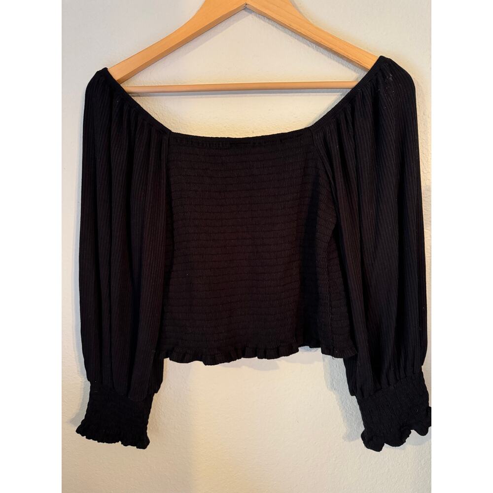 Anthropologie Black Smocked Puff-Sleeve Cropped Top Size S - Picture 4 of 10